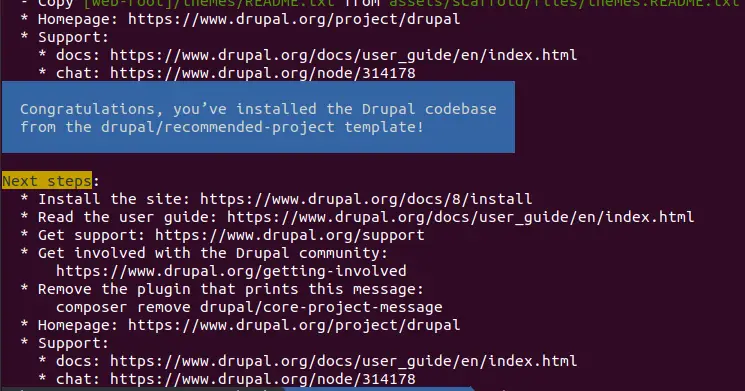 Drupal composer scaffold command line output.
