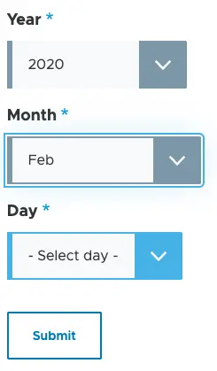 Drupal date picker select elements with year and month selected and the day now showing.