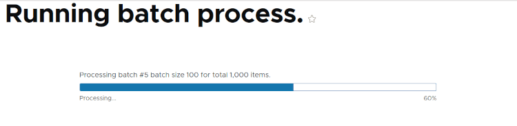 A screenshot of a Drupal site running a batch operation on 1000 items. The title of the page says Running batch process. The progress bar is 60 percent complete.