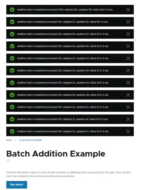 The aftermath of the Drupal addition batch processing, showing 11 finished messages that total 2,000 items processed.