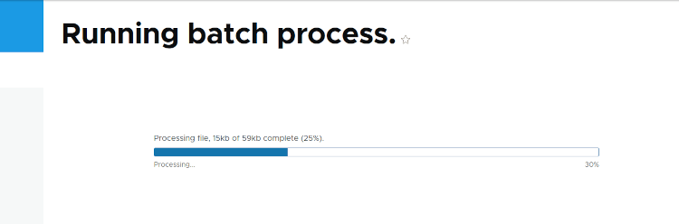 The CSV batch process running, showing 15kb of the total 59kb file having been processed.