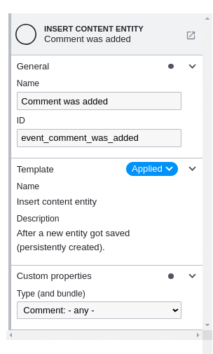 Drupal notifications, showing the ECA interface for listening for inserting a comment.