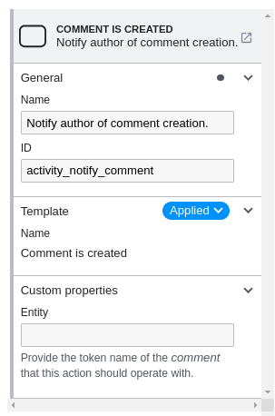 Drupal notifications, showing the ECA interface for notifying the user using our custom action.