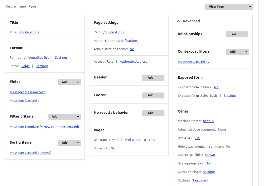 The setup of a Drupal notifications view, showing the fields added and the sort order by created date descending.