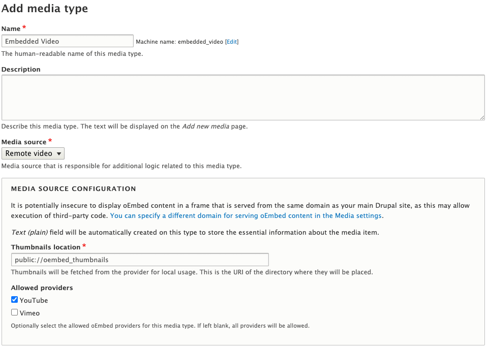 Drupal media entity type creation, showing YouTube oEmbed setup.