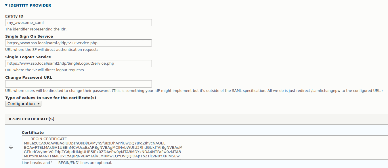 Drupal SAML authentication module configuration, showing the identity provider section.