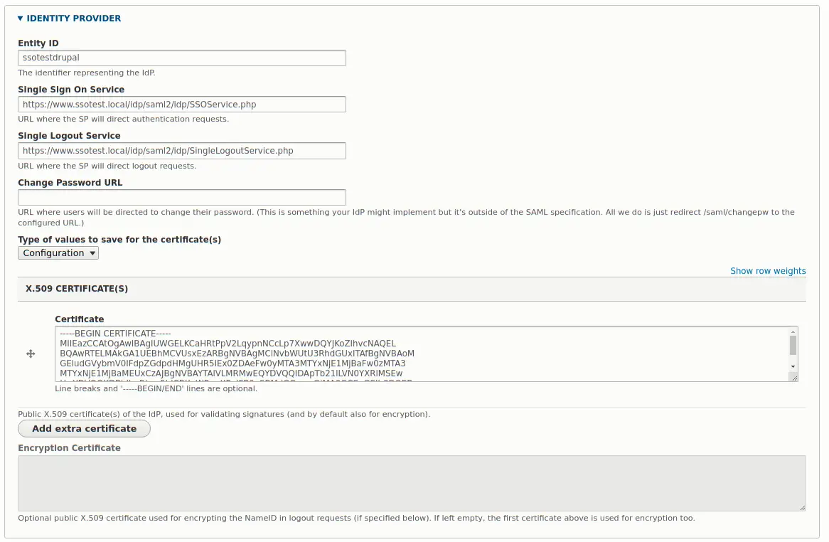 Drupal SAML auth administration page, showing the identity provider section.