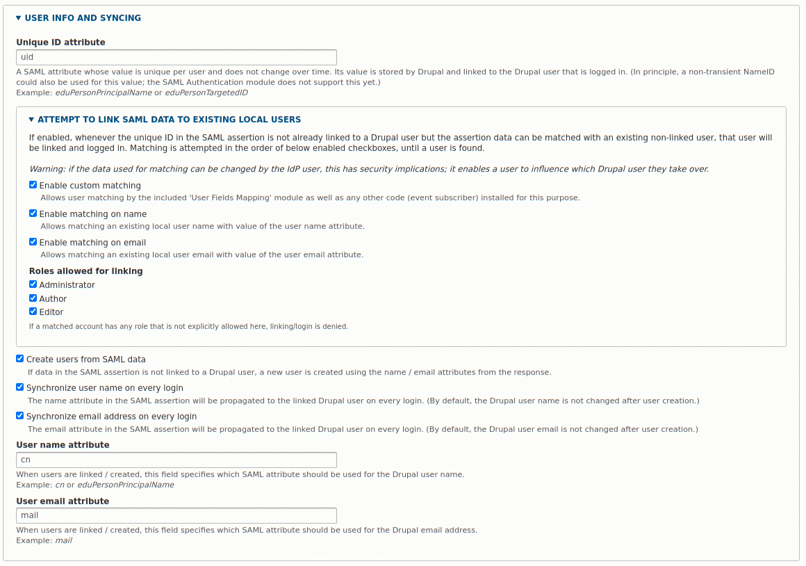 Drupal SAML auth administration page, showing the user synchronisation section.