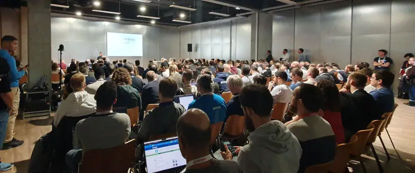 A picture of the TDD talk from DrupalCon Lille, showing a full audience.