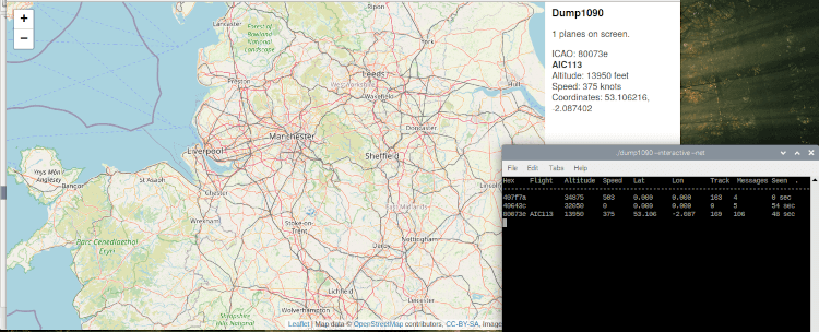 A screenshot of dump1090 running and the map running behind.