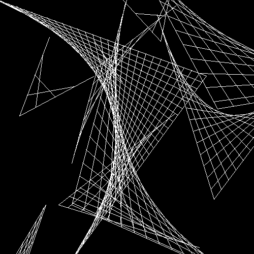 A black background with a bunch of overlapping parabolic curves drawn across it. Some are large, some are small. All of them are drawn at interesting angles.