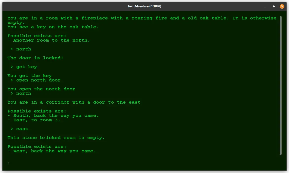 The Godot text adventure game, after being completed.