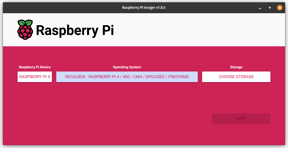 The Raspberry Pi Imager, set up to install Recallbox onto the CM4.