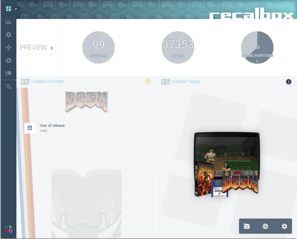The web interface for Recalbox, showing 99 systems installed, 37,353 roms installed, and the current game running, which is Doom.