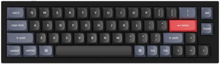 Keychron Q9: A 40% keyboard. The keyboard is black with grey keys and a red enter key. This keyboard lacks an escape key.