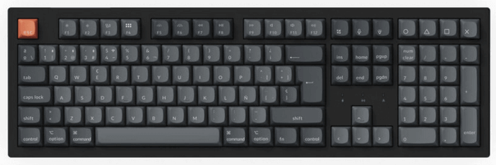 A Keycrhon K10 max keyboard, which is a 100% keyboard with 104 keys. The keyboard is black with grey keys and a red escape key.