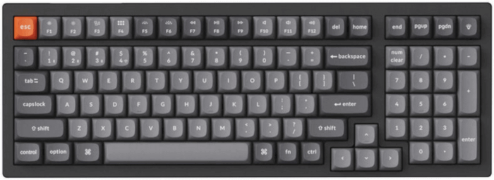 A Keycrhon K4 max keyboard, which is a 95% keyboard. The keyboard is black with grey keys and a red escape key.