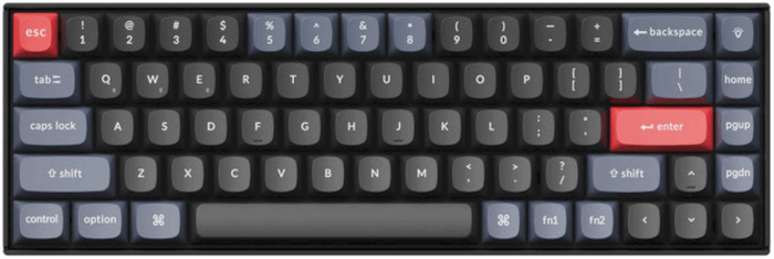 Keychron K6 Pro: A 65% keyboard. The keyboard is black with grey keys and a red escape key.