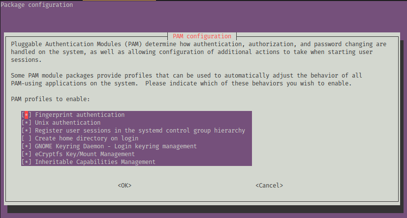 The Linux PAM configuration, showing fingerprint authentication being selected.