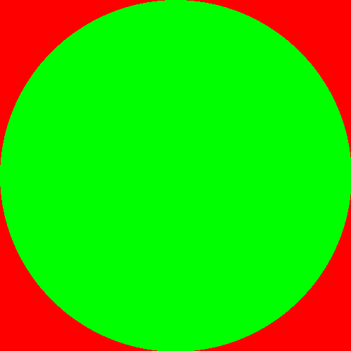 A red square with a green circle on top, flush with the edges of the background square. 
