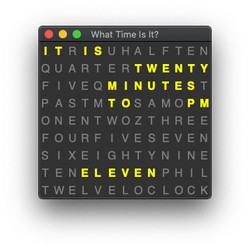 A Python and Tkinter application showing the words needed to create the time, with the time set to 20 to eleven.