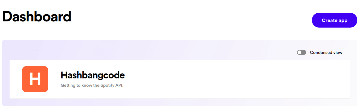 A screenshot of the Spotify developer dashboard, showing the hashbangcode application..