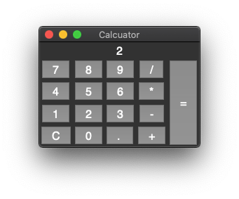 A Paython and Tkinter application showing a calculator with the output of the sum of 1 plus 1.